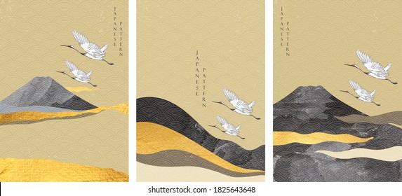 Fuji mountain with gold foil texture in Japanese style. Landscape background with wave pattern and black watercolor illustration.