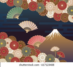 Fuji mountain, Hand fans and Chrysanthemum flowers, Japanese traditional pattern