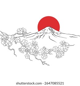 Fuji mountain japan hand drawn vector illustration. Mount Fuji and sakura blossoms and the red sun silhouette. drawing black outline vector landscape drawing art.