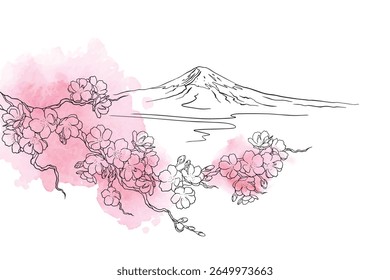 Fuji montanha japão mão desenhado ilustração vetorial. O Monte Fuji e as flores de sakura desenham arte de desenho de paisagem vetorial de contorno preto.