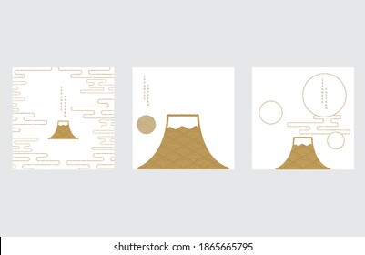 Fuji mountain with Japanese wave pattern vector. Famous landscape with abstract art template.