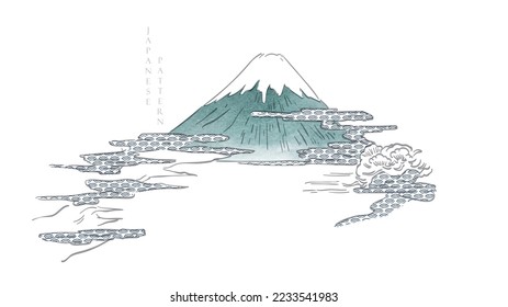 Diseño de paisajes de montaña Fuji con olas dibujadas a mano en estilo oriental. Fondo japonés con vector de textura acuarela. pancarta azul de arte natural.