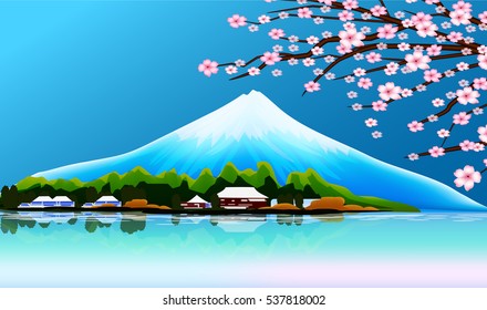 fuji mountain landscape and sakura graphic vector