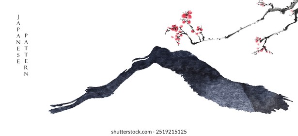 Montanha Fuji com vetor de ramo de flor de ameixa em estilo japonês. Resumo da paisagem da arte com ilustração a tinta. Pincelada chinesa pincelada fundo cegado