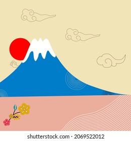 Fuji mountain with red sun. Vector Flat Icon Illustration. japan style