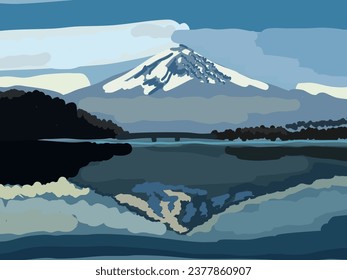 
Fuji Mountain and reflection in the lake, line art drawing