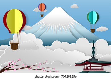 Fuji mountain with sakura in background  with style. Symbol of Japan. Vector illustration.