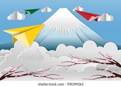 Fuji mountain with sakura in background  with style. Symbol of Japan. Vector illustration.