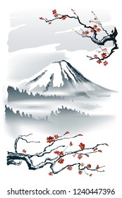 Fuji Mountain
Sakura branches. Vector imitation of Japanese painting Sumi-E. Illustration, EPS-10.