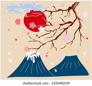 Fuji mountain with sakura and red sun and cloud isolate vector.