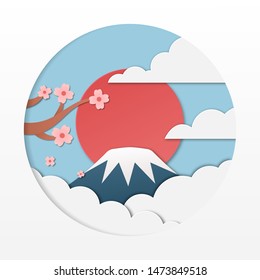 Fuji mountain with sakura tree, red sun, clouds and blue sky, Landmark of Japan. Autumn season in paper cut style. Vector illustration.