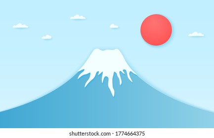 Fuji mountain with sun and clouds, paper art style
