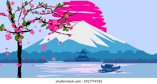 Fuji Mountain sunrise landscape Japan panorama. Cherry blossom tree spring, Lake, sun, boat Asian temple vector illustration poster banner isolated