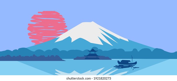 Fuji Mountain sunrise landscape Japan panorama. Lake sun boat Asian temple vector illustration poster banner isolated