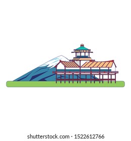 fuji mountain and temple icon over white background, vector illustration