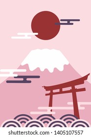 fuji mountain and Torii ,Sun ,cloud and wave of Japan.In Reiwa color tone vector.