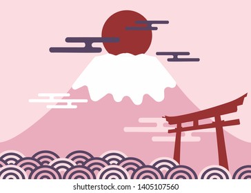 fuji mountain and Torii ,Sun ,cloud and wave of Japan.In Reiwa color tone vector.