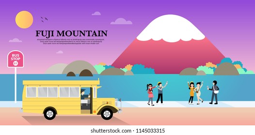 Fuji mountain vector, landmark, travel in japan, service mini bus, Kawaguchigo lake.