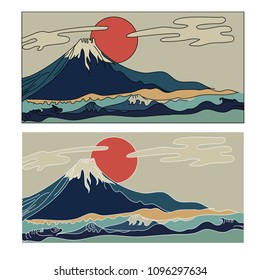 Fuji mountain vector.Japanese mountain wallpaper and red sun.Japanese wave with Fuji Mountain coloring book.Traditional japanese culture on white isolated background.