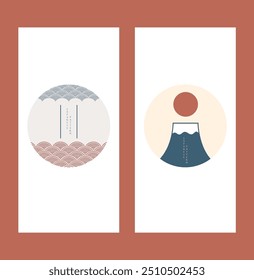 Fuji mountain and wave icons and symbol with Japanese backgrou. Set of geometric modern graphic elements vector. Abstract banners with template for card design, flyer or presentation in vintage style.