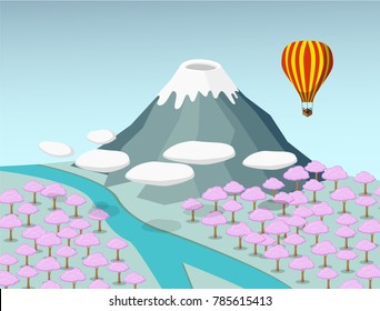 Fuji moutain and Sakura forest in 3d vector design