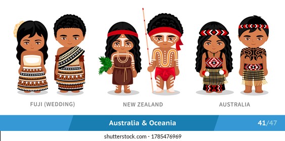 Fuji, New Zealand, Australia. Set of people wearing ethnic traditional costume. Isolated cartoon characters. Australia and Oceania. Vector flat illustration.