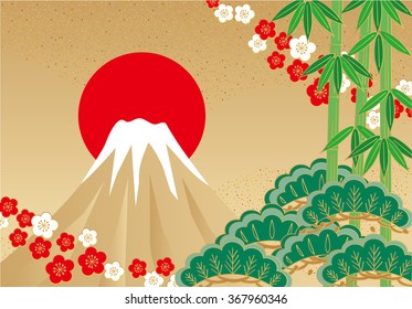 Fuji and pine, bamboo, plum. Japanese style
