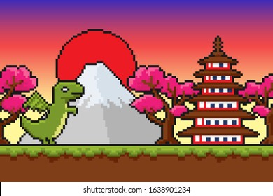 Fuji pixel background for design. game with dragon, sunset over Fuji