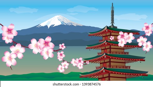 Fuji red pagoda japan. Sakura flower. vector