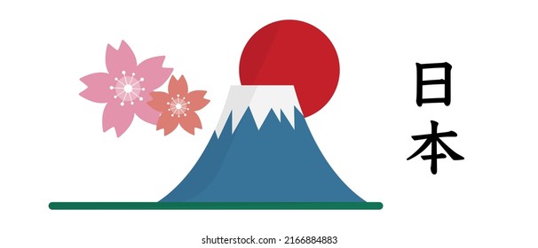 Fuji, el sol naciente y las flores del cerezo en Japón. Personajes japoneses con Japón escrito en japonés.