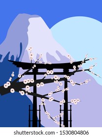 Fuji San Landmark,Fuji Mountain View and Sakura Flower Branches Elements, Panorama Fuji Japan Post Card