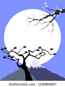 Fuji San Landmark,Fuji Mountain View and Sakura Flower Branches Elements, Panorama Fuji Japan Post Card