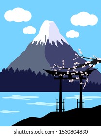 Fuji San Landmark,Fuji Mountain View and Sakura Flower Branches Elements, Panorama Fuji Japan Post Card