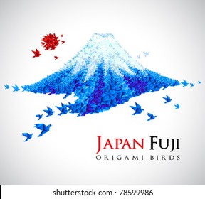 Fuji shaped from origami birds, Japan national symbol. Great for social, culture, travel creative idea designs.