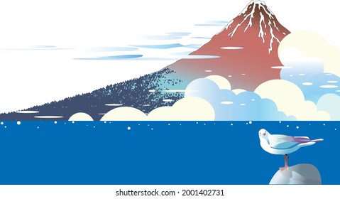 Fuji in Ukiyoe and seagulls in the sea with cumulonimbus clouds in summer.