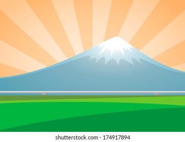 Fuji volcano landscape on the background sunburst day. vector illustration