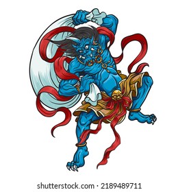 Fujin, wind god of Japan, Vector Illustration,Japanese Tattoo
