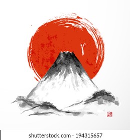 Fujiyama mountain and big red sun on white background. Traditional Japanese style sumi-e. Vector illustration. 