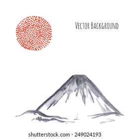 Fujiyama mountain and big red sun illustration. Traditional Japanese style sumi-e background. 