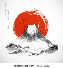 Fujiyama mountain and big red sun on white background. Symbol of Japan. Traditional Japanese style sumi-e. Vector illustration. 