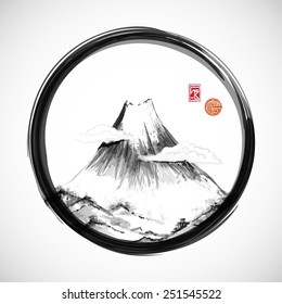 Fujiyama mountain in black enso circle hand-drawn with ink in traditional Japanese style sumi-e. Sealed with decorative stylized stamps. Symbol of Japan