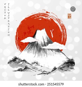 Fujiyama mountain in clouds and big red sun on white glowing background. Symbol of Japan. Traditional Japanese style sumi-e. Vector illustration. Sealed with decorative stylized stamps. 