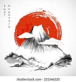 Fujiyama mountain  in clouds and big red sun on white background. Symbol of Japan. Traditional Japanese style sumi-e. Vector illustration. 