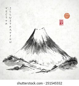 Fujiyama mountain hand-drawn with ink in traditional Japanese style sumi-e on vintage rice paper. Sealed with decorative stylized stamps. Symbol of Japan