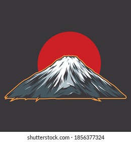 Fujiyama mountain on red sun background in vintage style isolated vector illustration