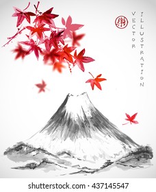 Fujiyama mountain and red leaves of Japanese maple on white background. Traditional Japanese ink painting sumi-e. Contains hieroglyph - joy