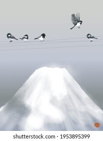 Fujiyama mountain in snow and little birds on wire. Traditional Japanese ink wash painting sumi-e.