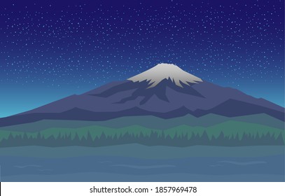 Fujiyama snowy peak of the mountain in night. Vector illustration view of fuji mountain in Japanese. Landscape with Fuji view on tourist attraction in Tokyo. Fujiyama volcano for web, postcard, banner