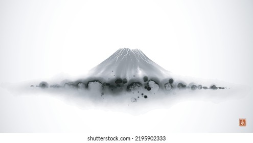 Fujiyma mountain over the misty forest hills. Traditional oriental ink painting sumi-e, u-sin, go-hua. Translation of hieroglyph - eternity.