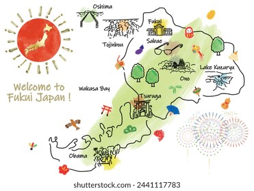 FUKUI Japan travel map with landmarks and attractions. Hand drawn vector illustration.